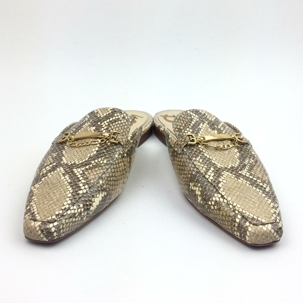 Pointed Toe Snake-Print Slide Mules with Gold Bit